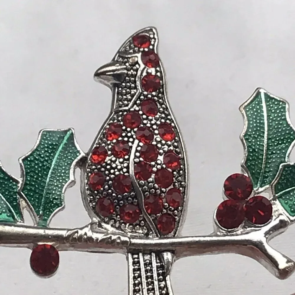 KC Brooch Red Green Enamel Jeweled Vintage Cardinal Holly Christmas Holiday